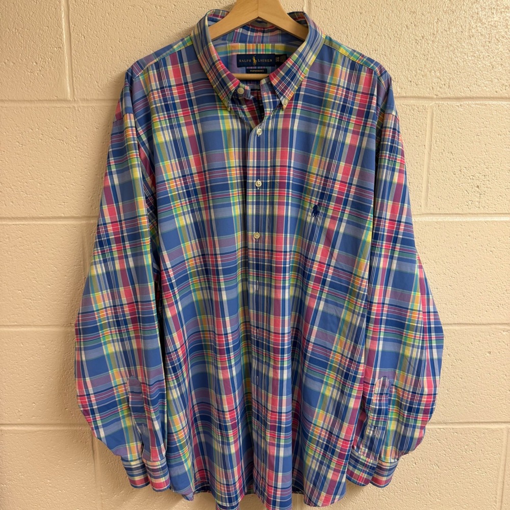 Ralph Lauren Mens Performance Plaid Button Madras Shirt 2XB Blue Pink Stretch